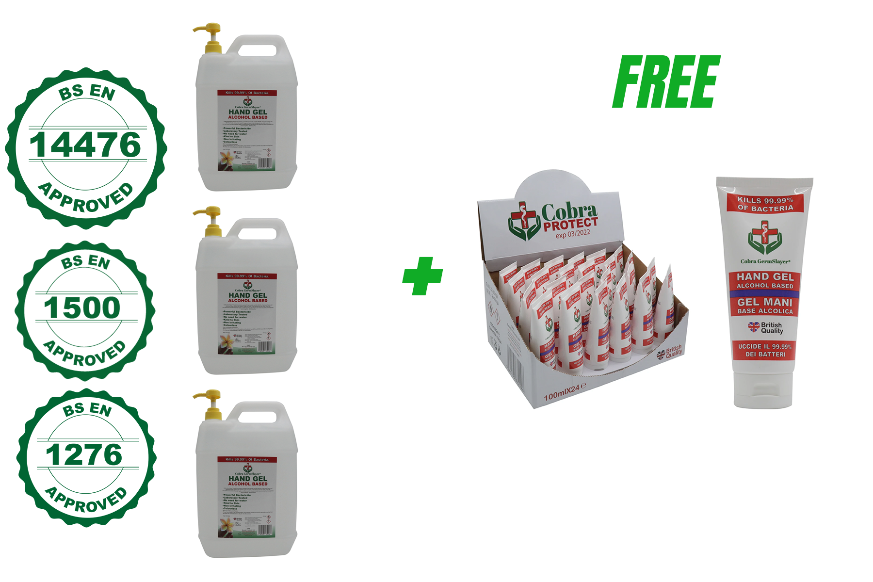 3x5L Germslayer® Antibacterial Hand Gel Sanitiser PLUS FREE 24 x 100 ml
